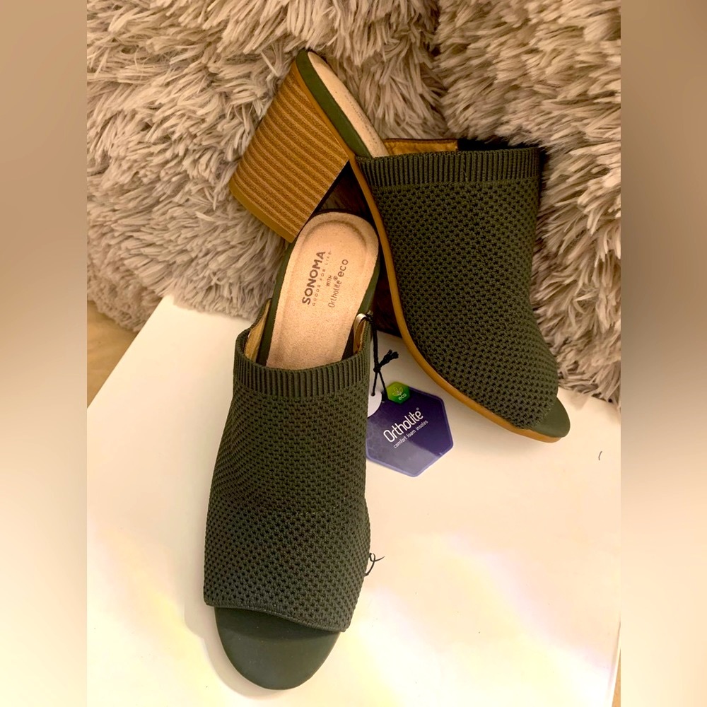 Brand new heeled navy green clogs/mules